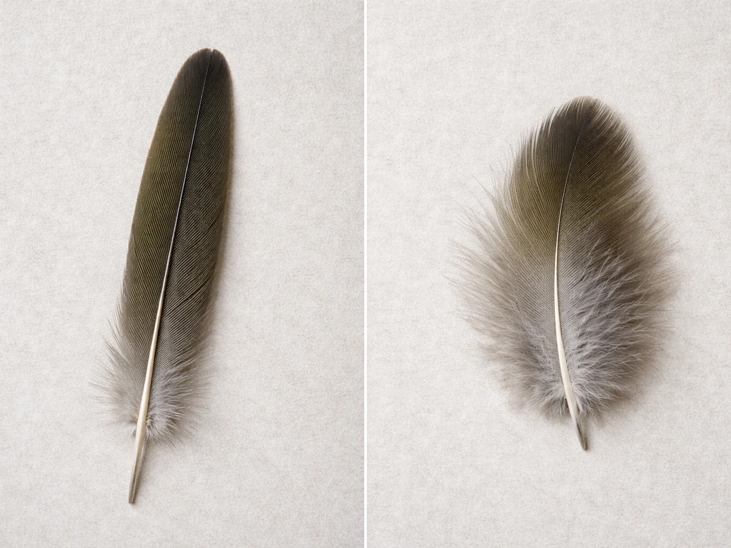 Two feathers from one bird laid side-by-side: stiff, symmetric tail feather vs softer body contour feather.