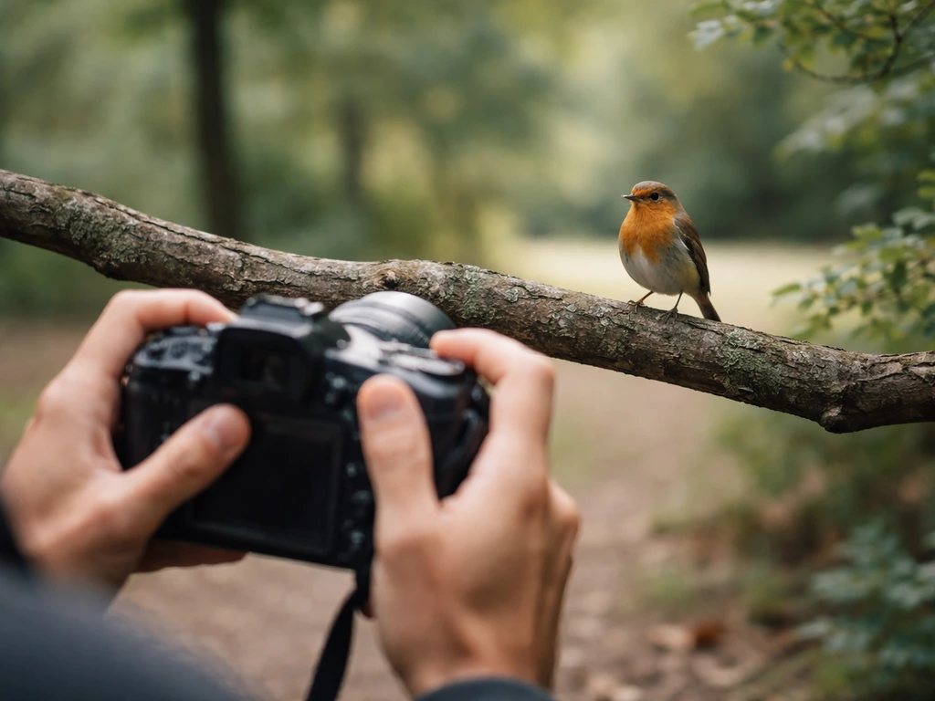 Photographer slowly approaches a calm bird perched on a branch in a quiet park.