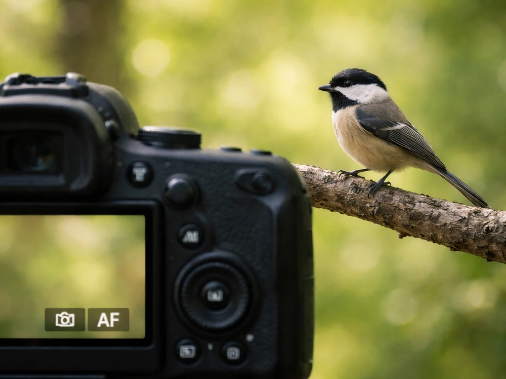 Rear camera display showing stationary-bird settings beside a perched small bird on a branch.