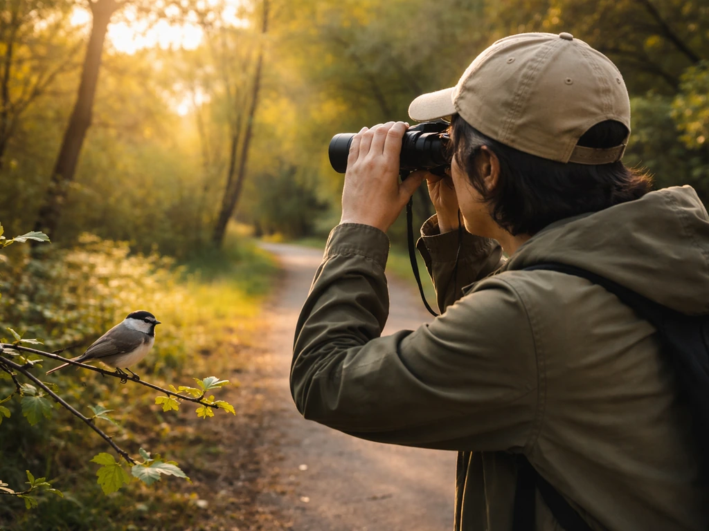 Anonymous beginner on a park path using binoculars at golden hour, bird perched nearby.