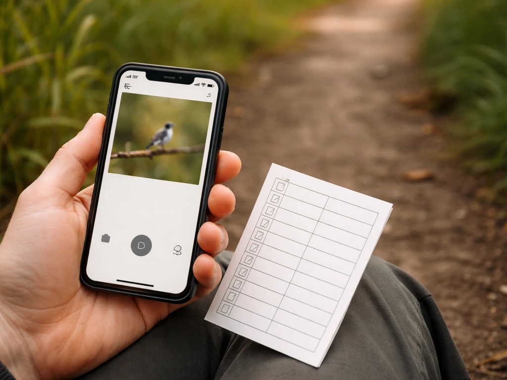Close-up of a phone bird ID app screen beside a blank field checklist on a muddy trail