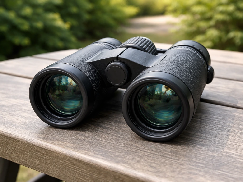 Close-up of 8x42 binoculars with both objective lenses in sharp focus on a simple outdoor surface.