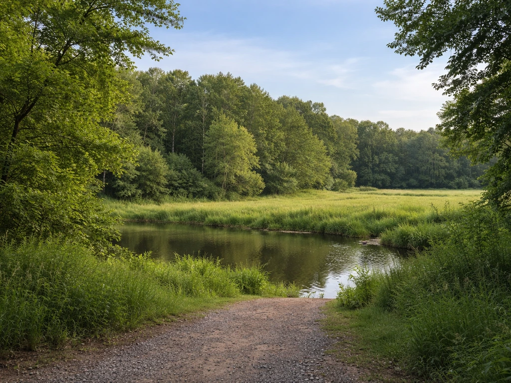 Trail-edge view of a small park with trees, open grass, and a quiet pond for beginner birdwatching.