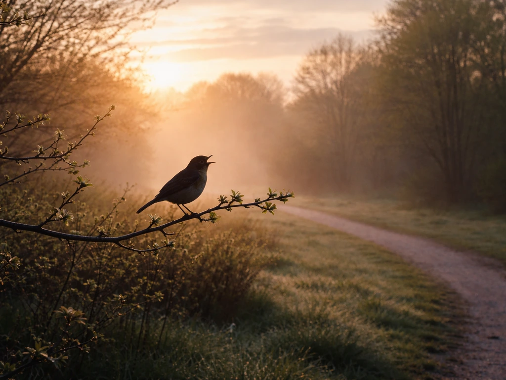 Songbird perched on a branch on a spring park trail at sunrise with misty dawn light.