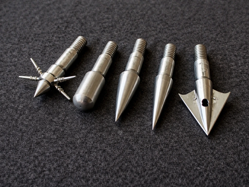 Close-up of five different bird arrow tip designs laid on dark felt for quick comparison.