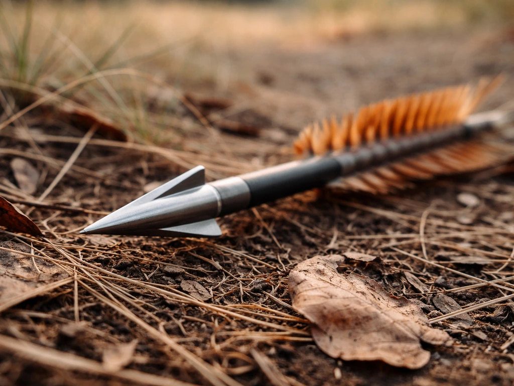 Close-up of an arrow with flu-flu-style fletching resting in dry grass, outdoors in soft morning light.