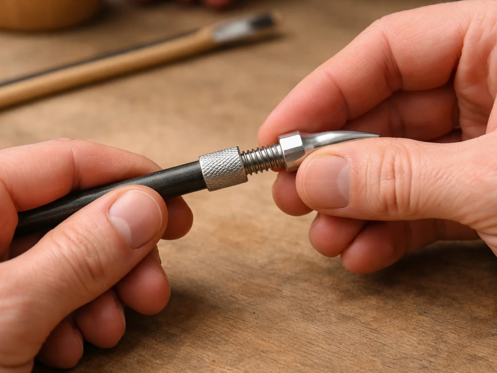 Close-up of an arrow tip adapter being threaded and aligned on the arrow shaft end