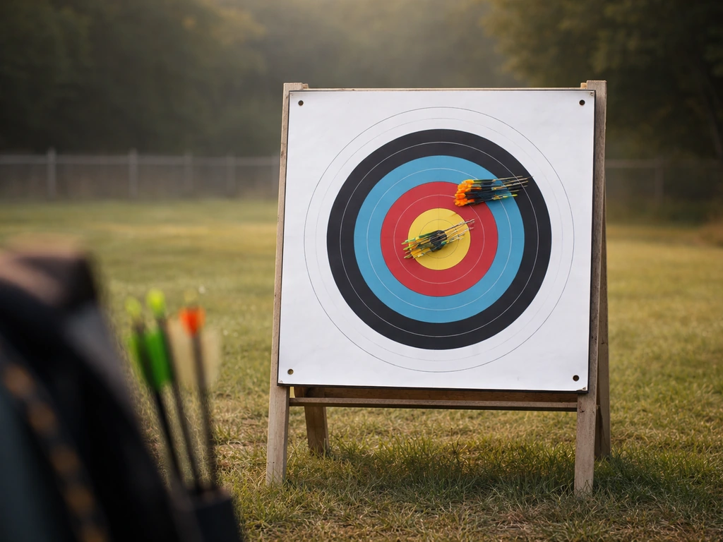 Arrows grouped on a paper target at an archery range, showing two close impact groupings.