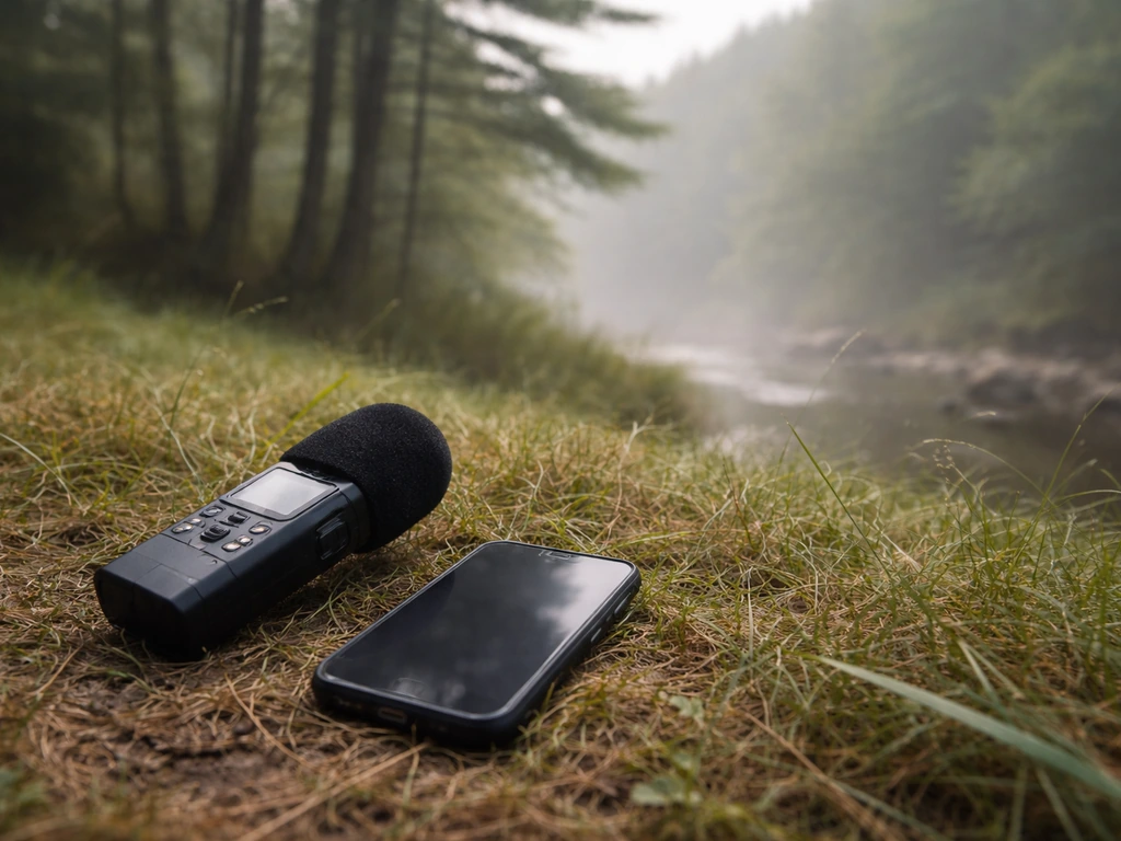 Handheld audio recorder with windscreen in a misty forest beside a phone, implying field recording distortion.