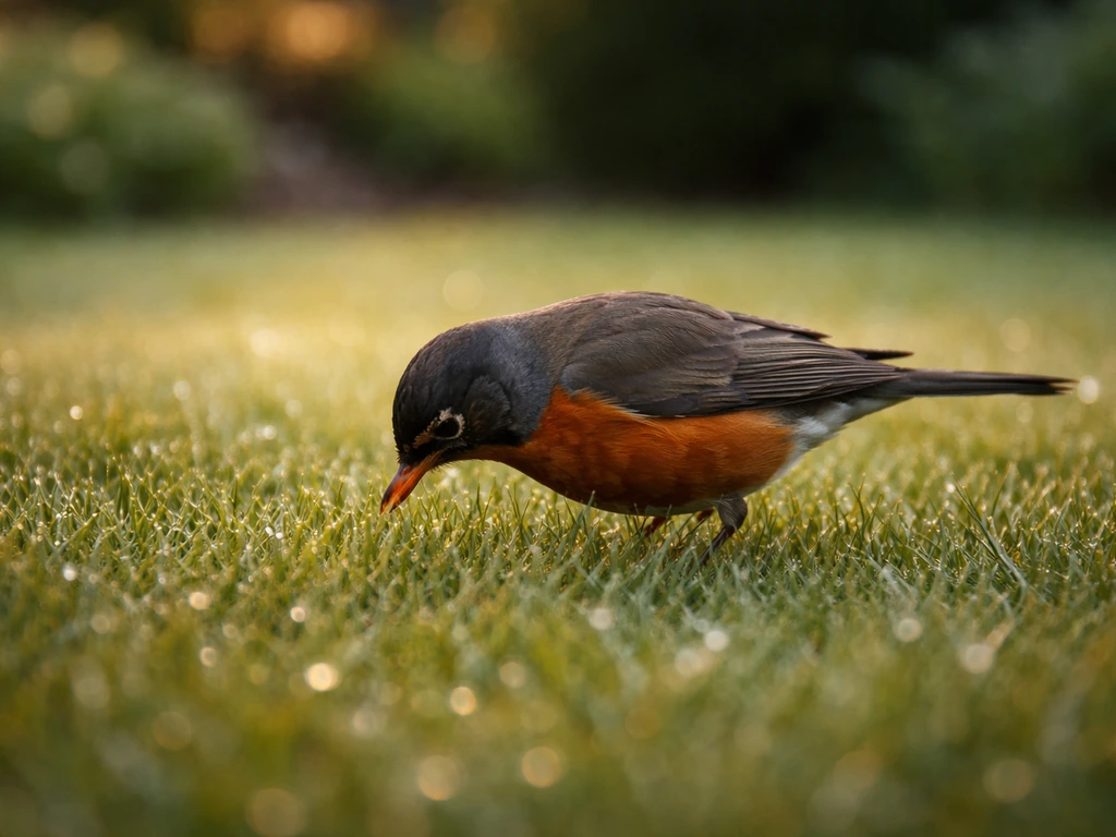 A robin foraging on a dewy lawn at dawn, head tilted as it probes the grass for worms.