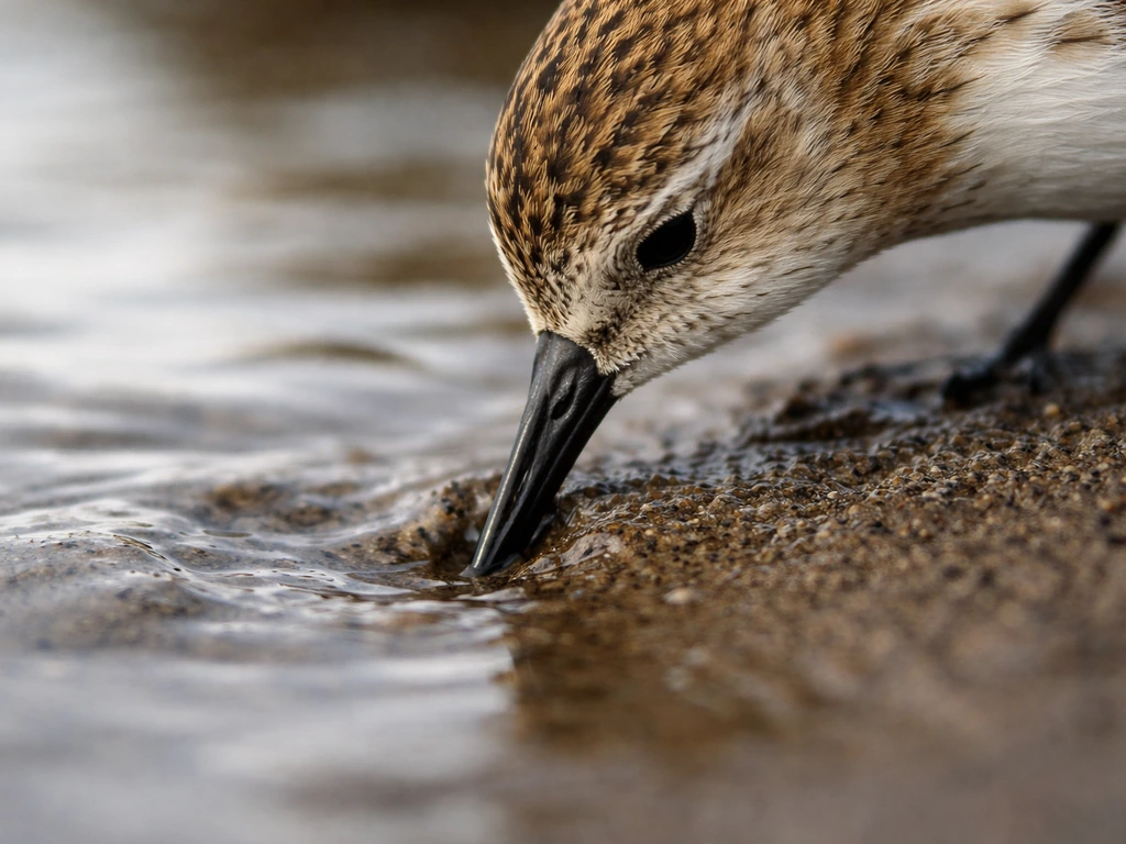 Close-up of a bird’s bill probing soft mud, showing subtle pressure and surface clues.