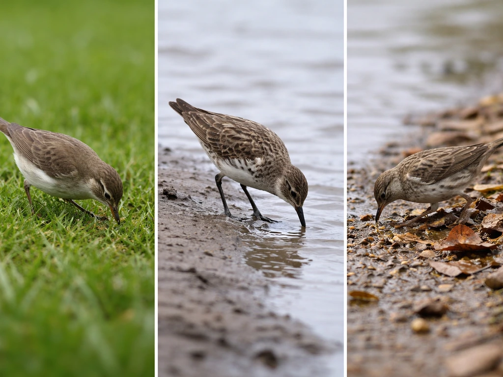 Three birds in separate habitats probing soil or mud for worms, showing varied foraging strategies.