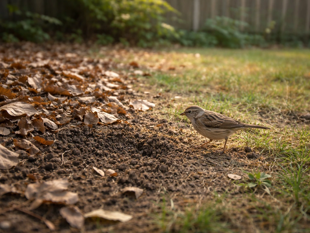 Small yard with leaf litter and soft soil patches where a bird forages safely nearby.