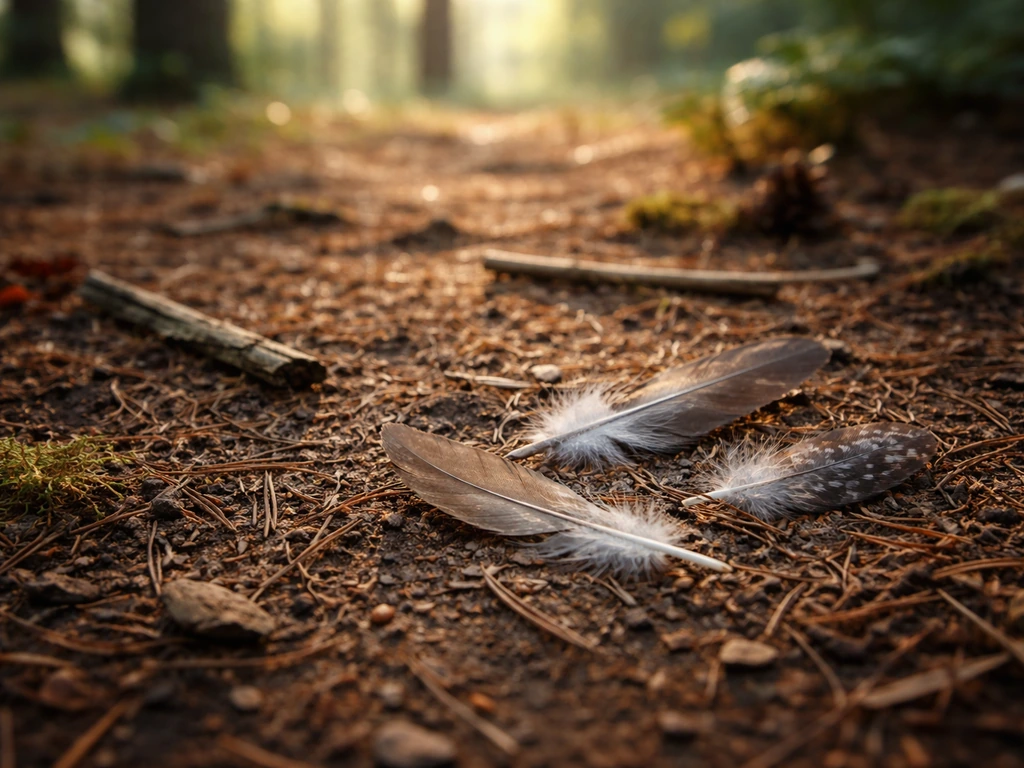 Bare forest floor in soft light with a few shed bird feathers resting naturally among leaves and pine needles.