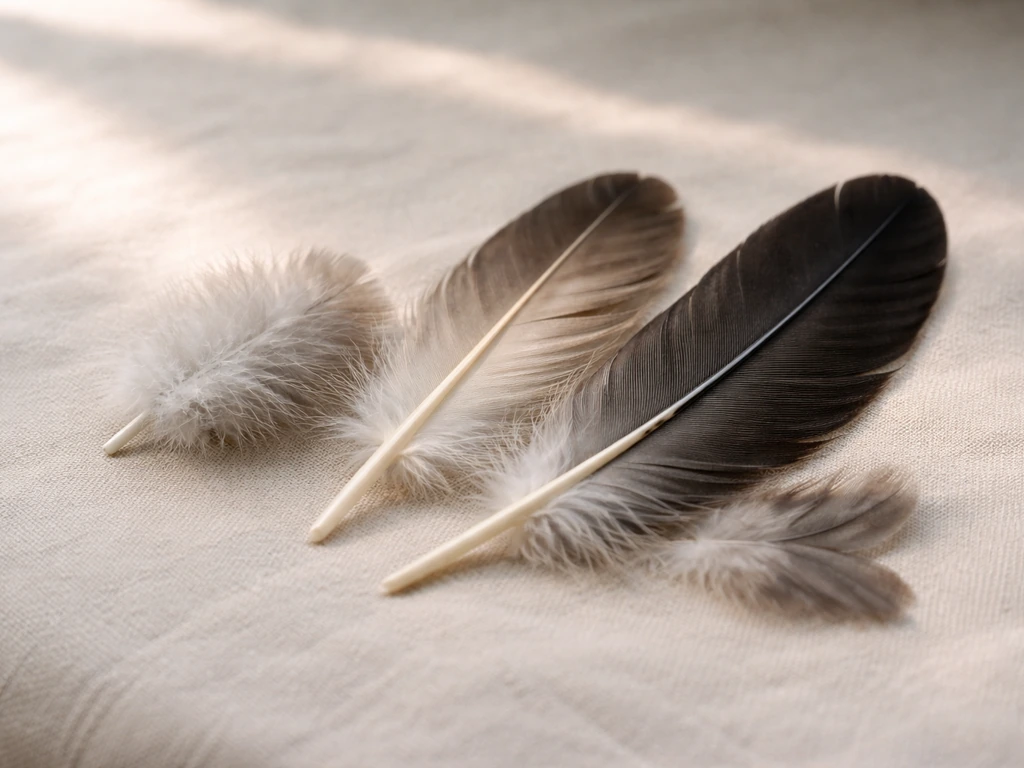 Close-up of three different types of bird feathers (downy, contour, flight) laid on neutral fabric.