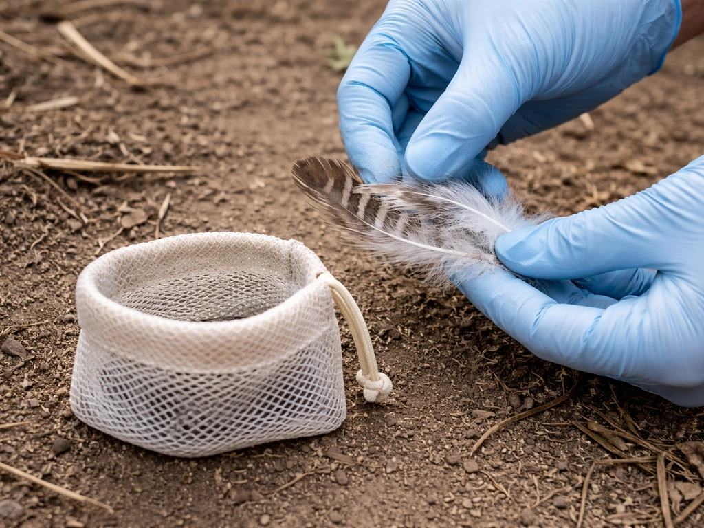 Nitrile-gloved hands lifting shed feathers into a small breathable container on the ground outdoors.