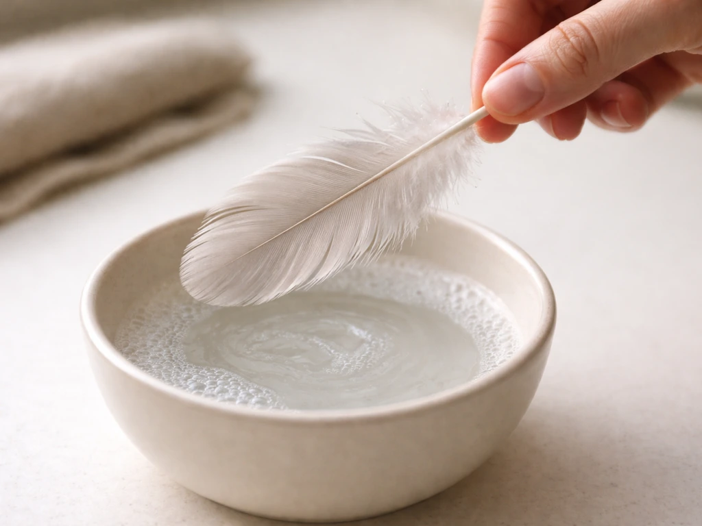Closeup of a feather held by the rachis above a small bowl of lukewarm soapy water