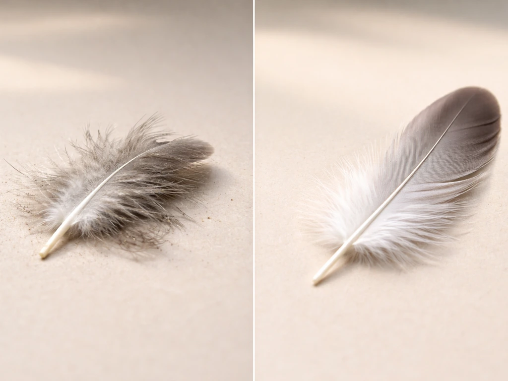 Close-up split comparison: frayed musty feather vs clean intact dried feather on a plain tabletop.