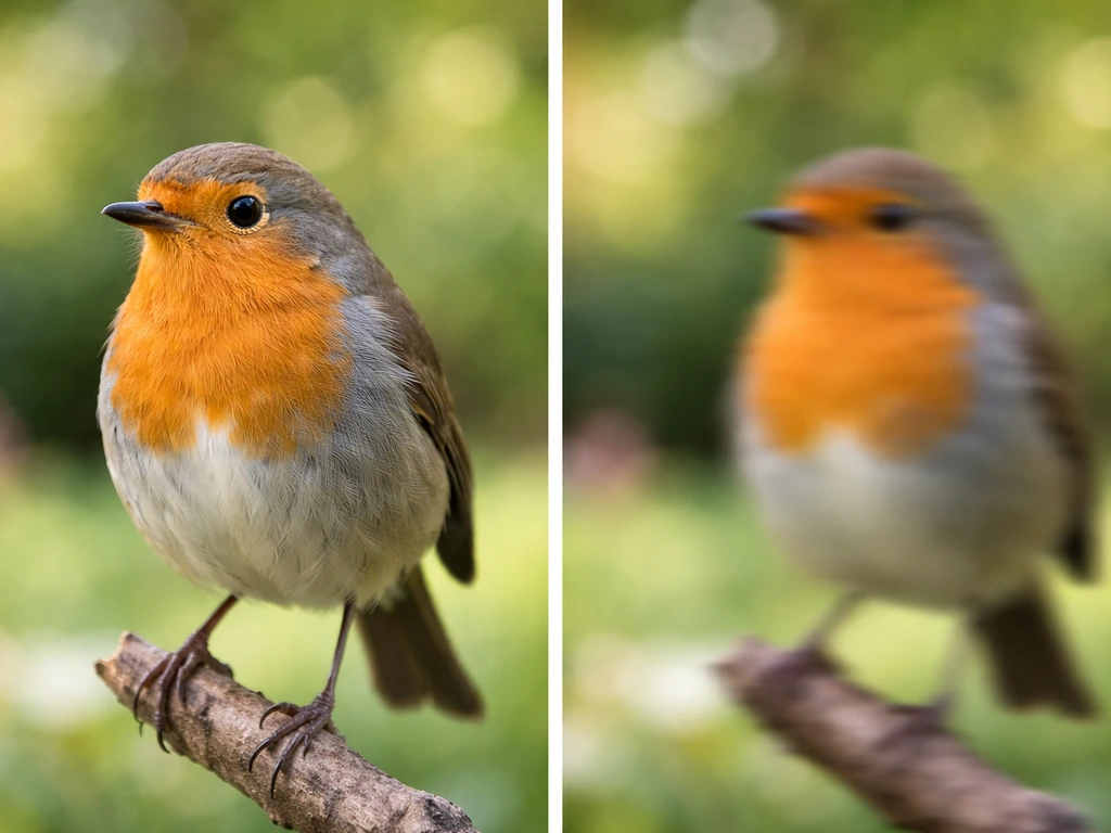 Side-by-side shot: one sharp bird in focus and one blurred bird showing motion and loss of detail.
