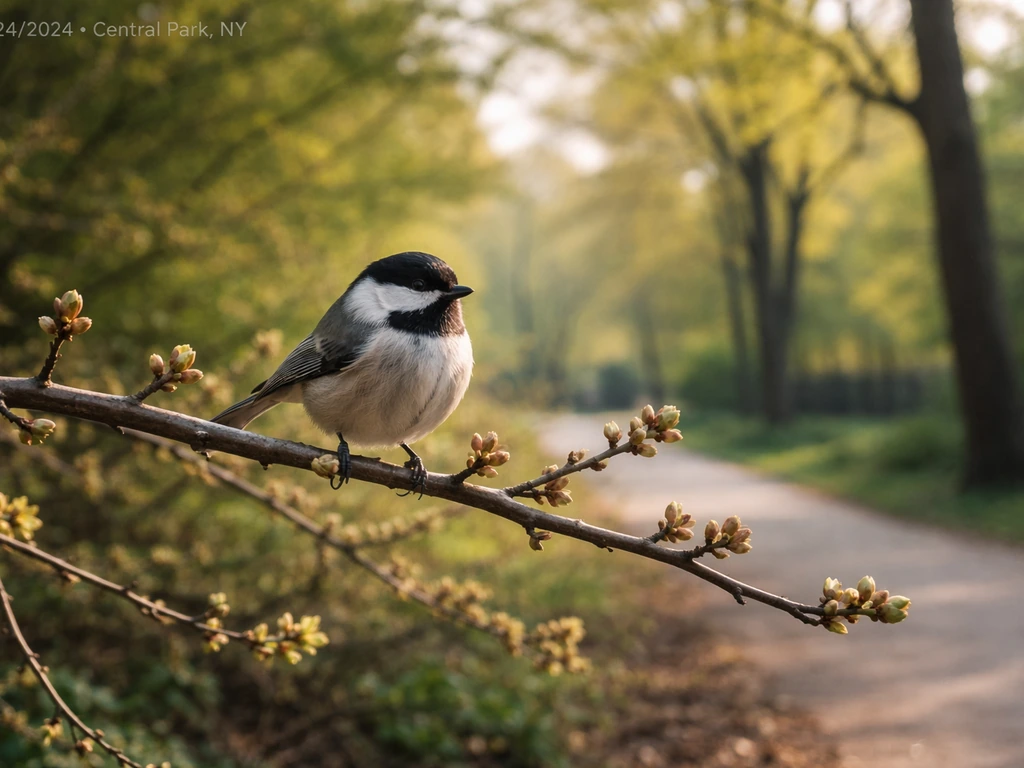 Small songbird perched in a spring park, with faint metadata-style date/location overlay in a corner.