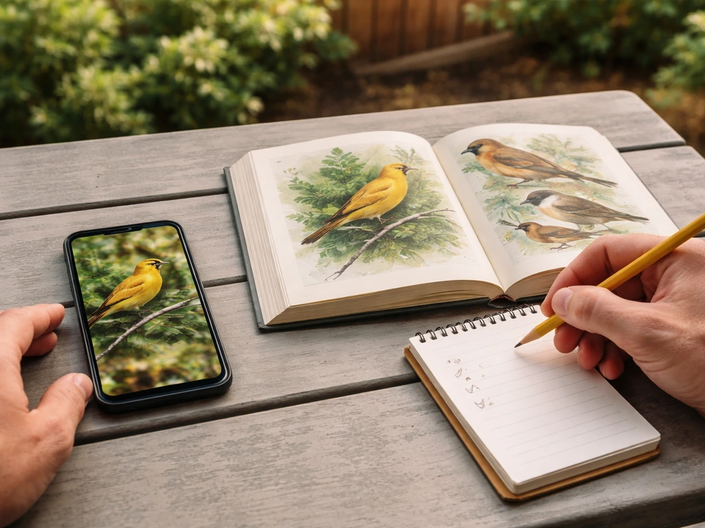 Hands holding a phone with a bird photo beside an open field guide checklist on a porch table.
