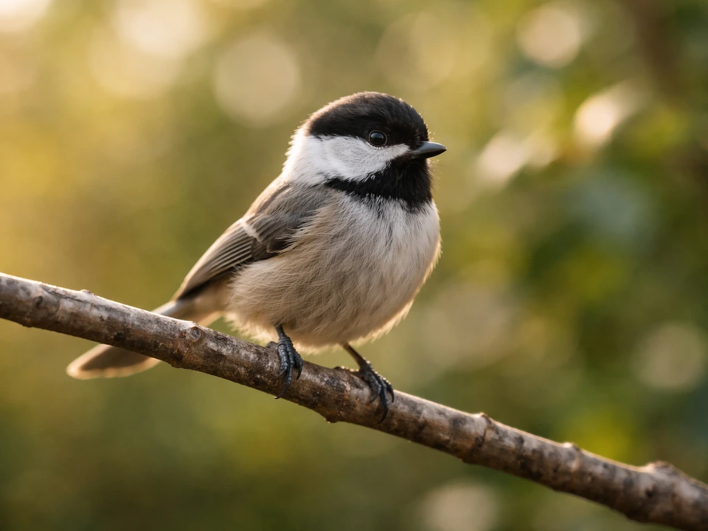 Small songbird perched on a branch with sharp eye detail and soft bokeh background.