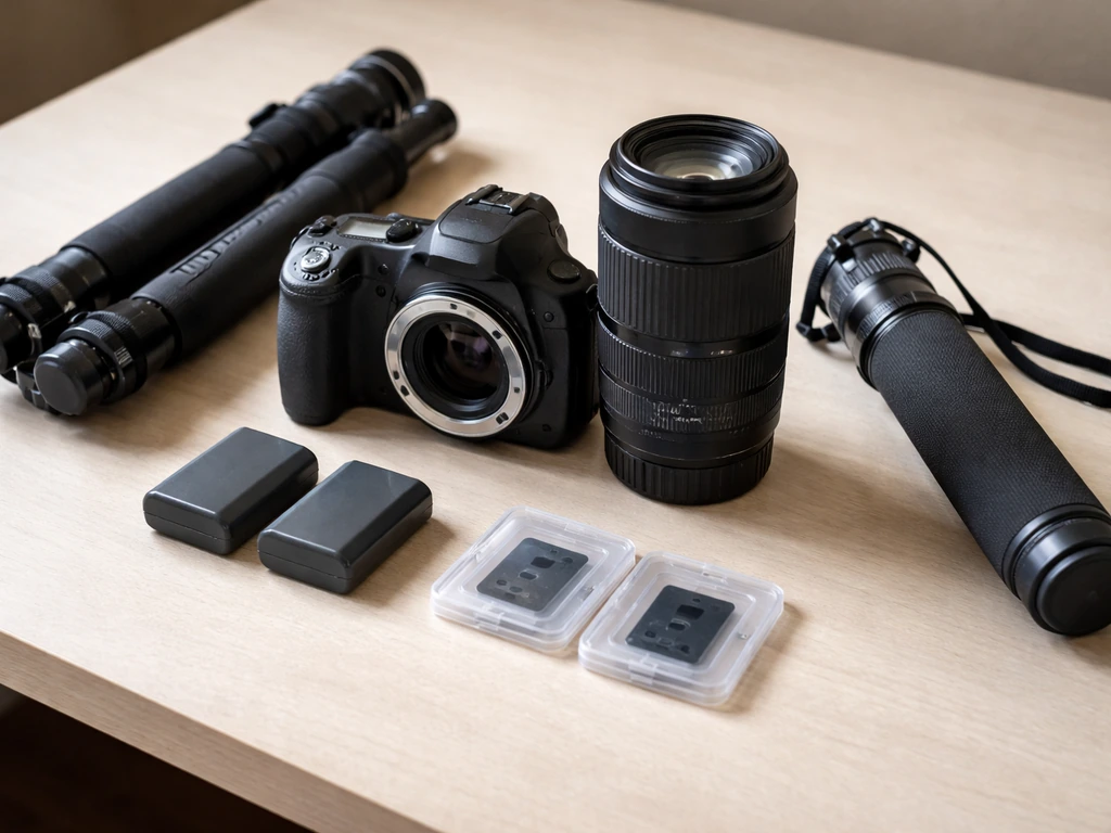 Affordable beginner bird-photography kit on a table: APS-C camera, telephoto zoom, tripod, spare batteries and cards