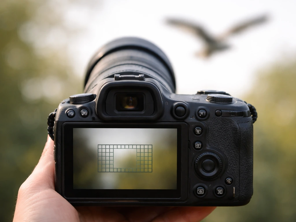 Camera rear screen with zone AF selection and a blurred bird in flight background.