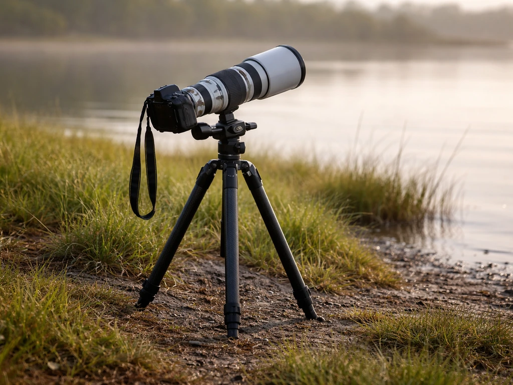 Tripod-mounted monopod and long telephoto lens set up at a quiet shoreline meadow during bird-watching.