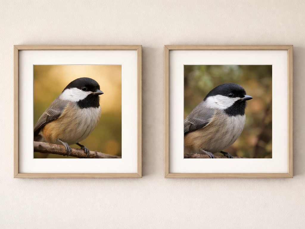 Two framed bird photos side-by-side: one with neutral background and sharp eye, one less clean and softer.