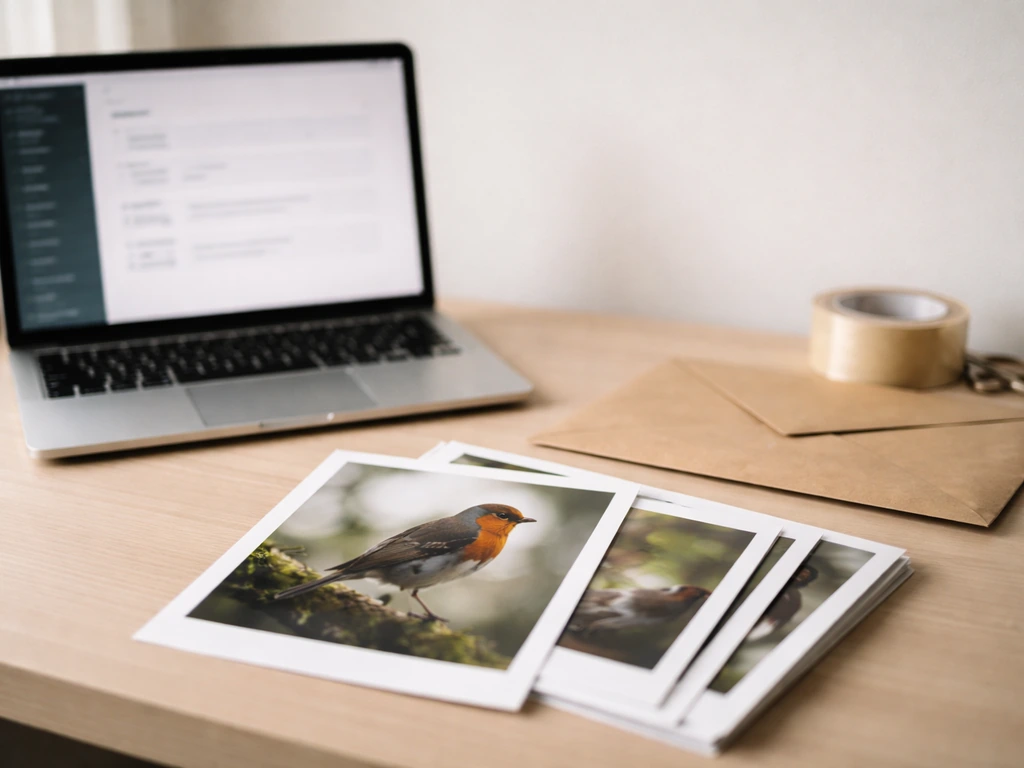 Minimal desk scene showing a computer with bird stock upload fields and a bird photo print with packaging materials