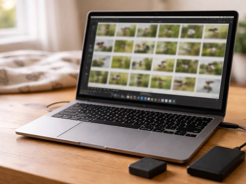 Laptop with Lightroom-like thumbnails and an external SSD connected on a desk after bird photography.