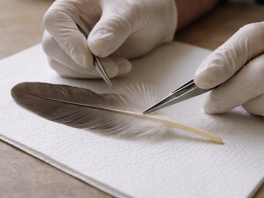 Gloved hands using tweezers to safely handle a single feather quill on a clean lined surface.