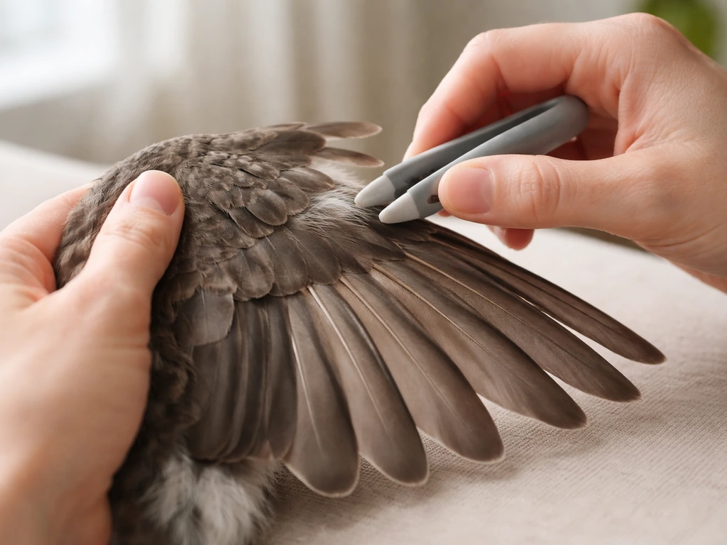 Close-up of careful hands separating wing coverts from flight feathers during gentle plucking.