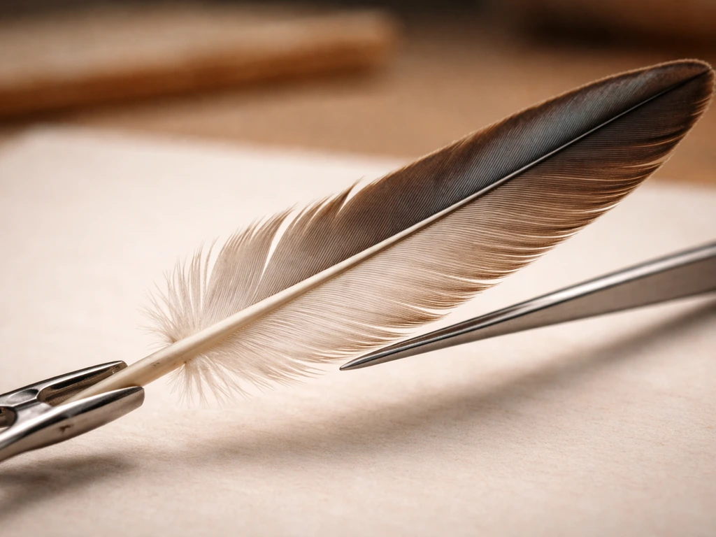 Macro close-up of hemostats gripping a tail feather quill near the base on a clean surface.