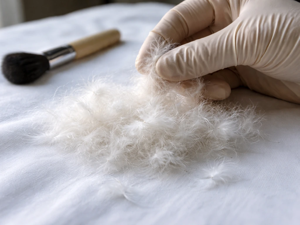 Gloved hand gently gathering a fluffy pile of down feathers on a clean white cloth.
