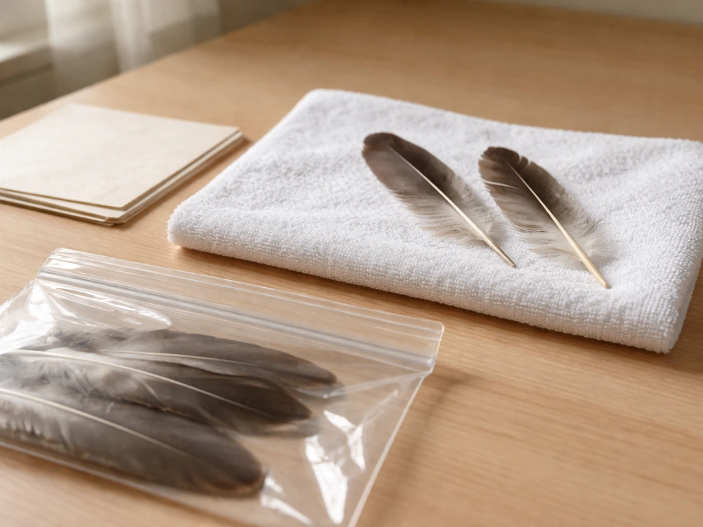 Cleaned bird feathers spread on a towel to air-dry, then placed into sealed airtight storage bags.