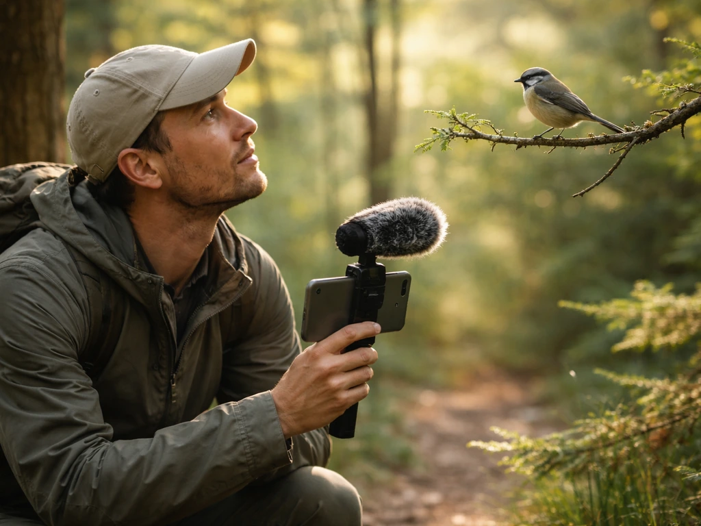 Birder in a forest listening closely while recording a songbird perched nearby with a handheld device