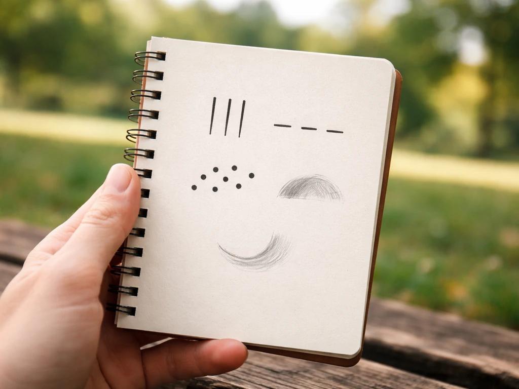Hand holding a field notebook with simple bird-call feature icons for pitch, rhythm, repetition, and tone.