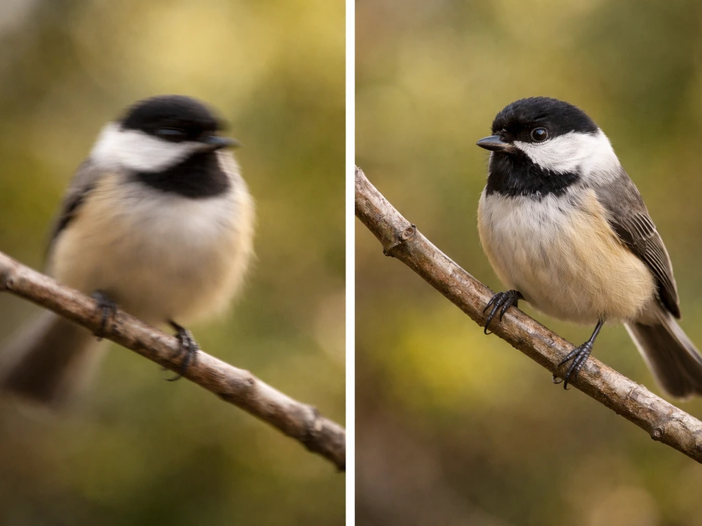 Two small songbirds on branches, left slightly blurred for buzzy tone and right crisp for clear tone
