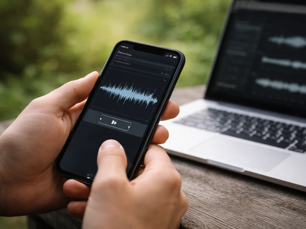 Hands using a phone and laptop to review and play a bird-sound clip from a sound database interface