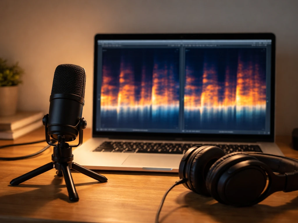 Minimal home studio setup showing two side-by-side spectrogram panels on a laptop screen.