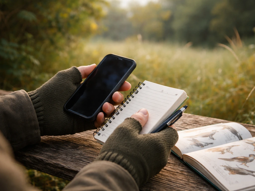 Gloved hands in a forest field recording bird notes on a notebook and smartphone near habitat grass.