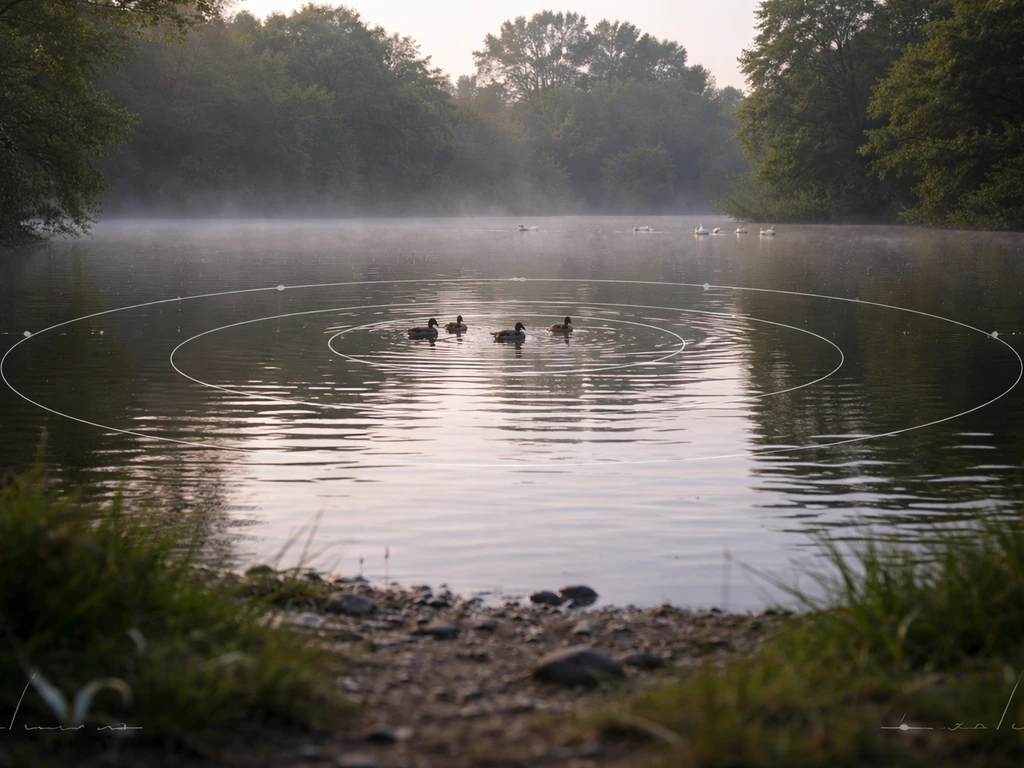 Minimal pond scene with distant birds and subtle translucent distance/estimate markers indicating confidence.
