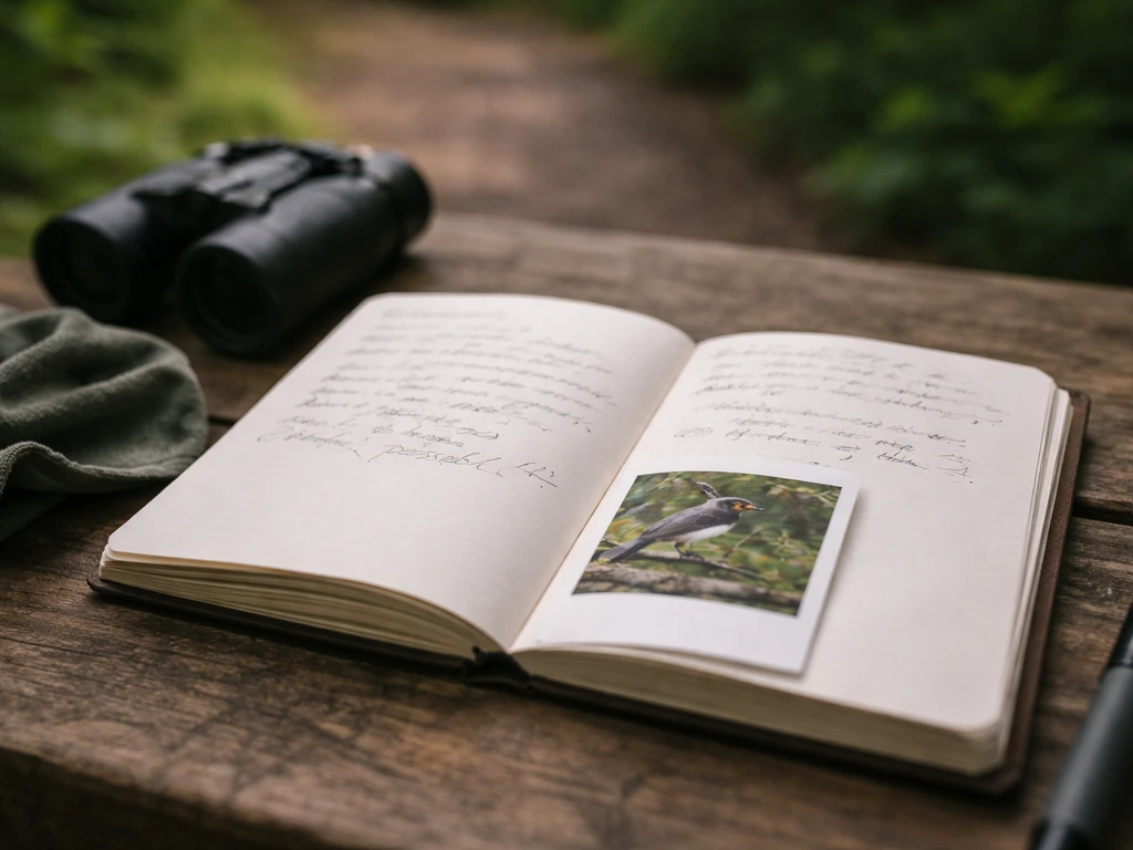 Open field notebook with handwritten “possibly” bird notes and a small reference photo thumbnail on a wooden desk.
