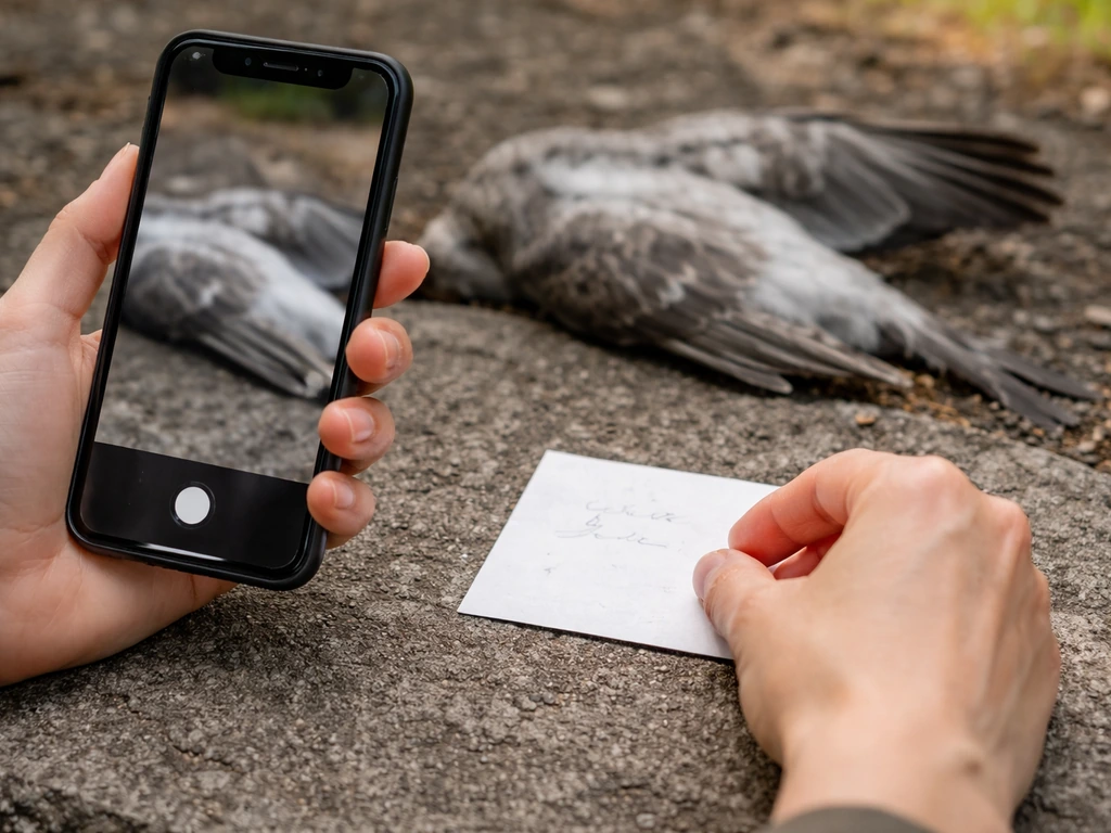 Hands using a smartphone to capture a bird while placing a blank note card nearby for evidence cataloging.