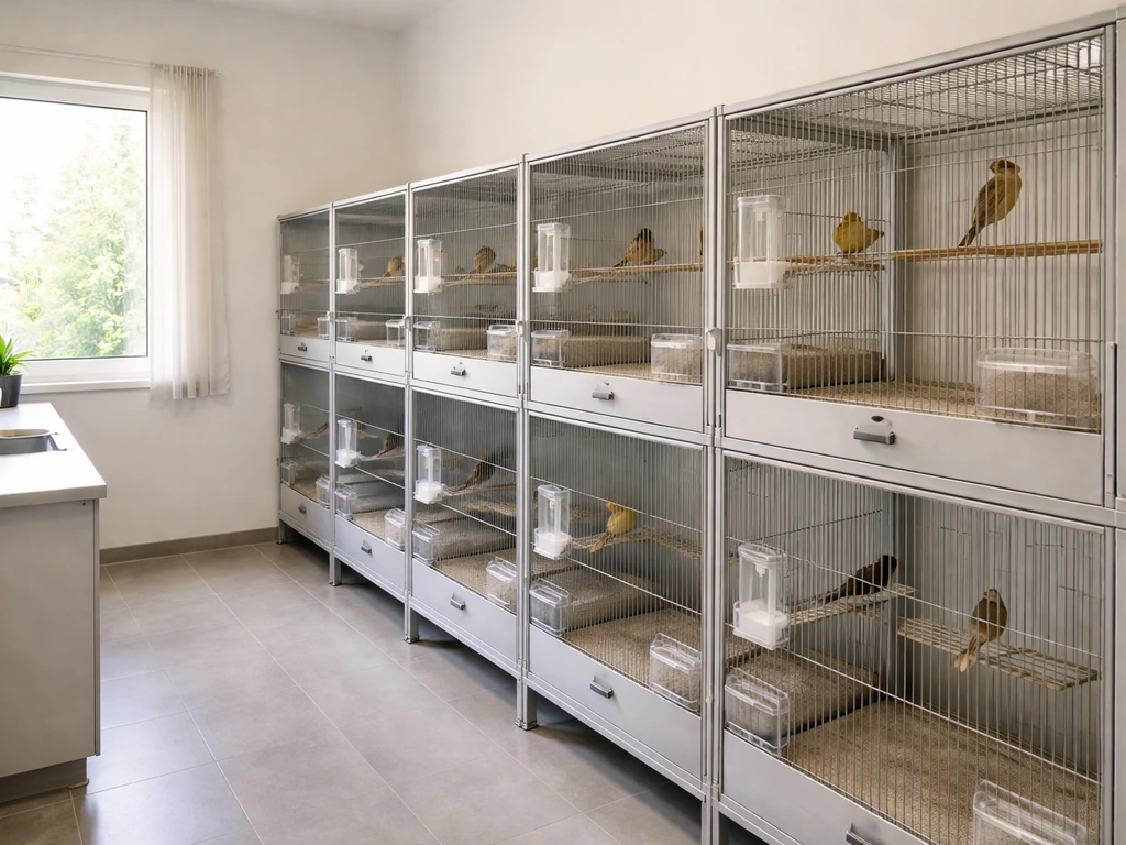 Clean bird breeding room with organized aviary cages, a few birds, and tidy surfaces