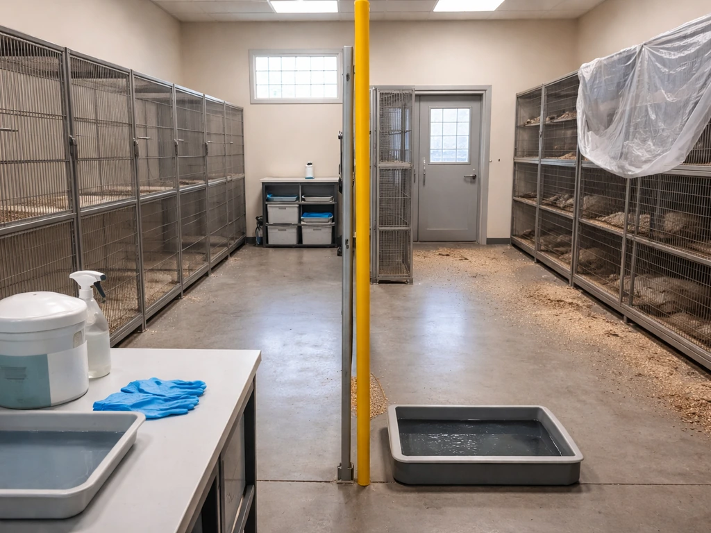Clean and dirty sides of a small aviary with cages, disinfecting station, and a quarantine holding area