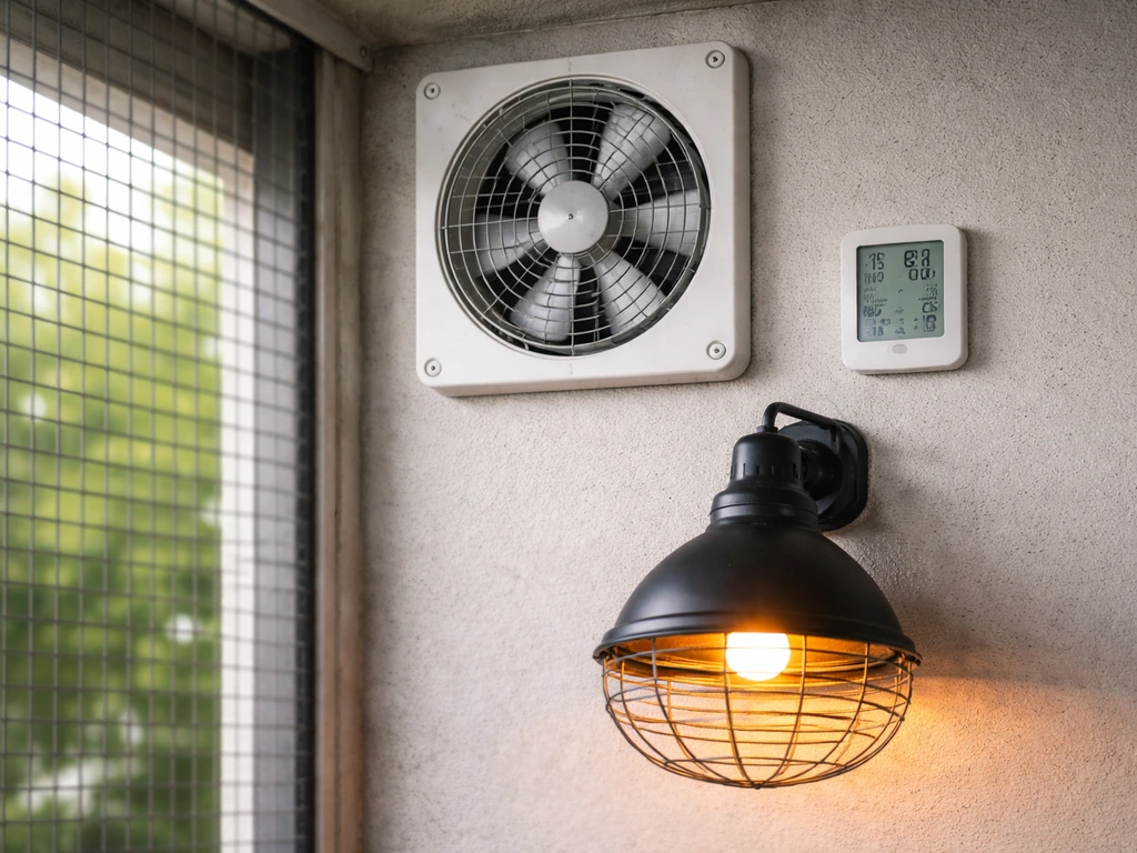 Close-up of a ceiling exhaust fan and safe ventilation controls in a clean indoor aviary.