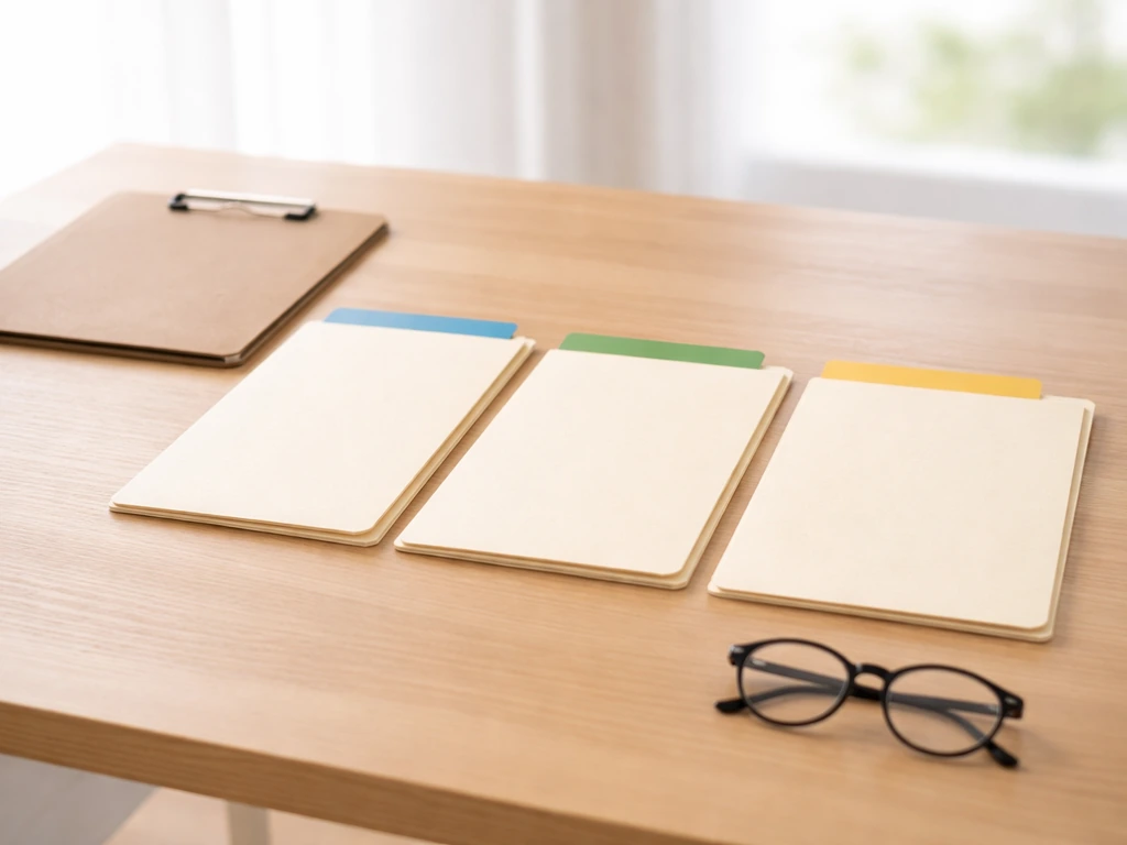 Minimal desk scene with three folders labeled tools for regulatory documentation comparison